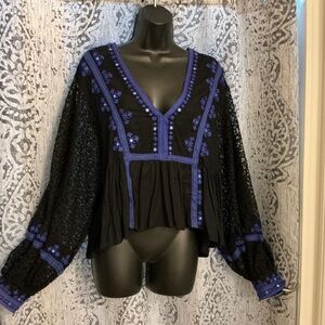 Free People Black and Purple Embroidered Top